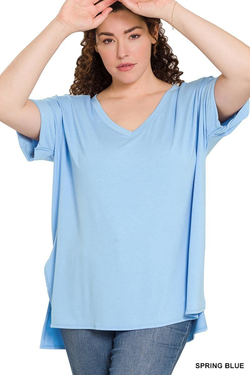 PLUS ROLLED SLEEVE V-NECKHIGH-LOW HEM