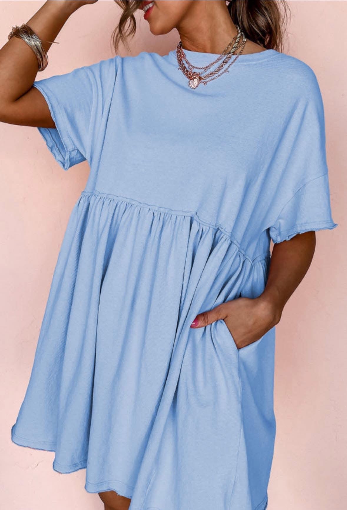 Light Blue Pocketed Babydoll Dress