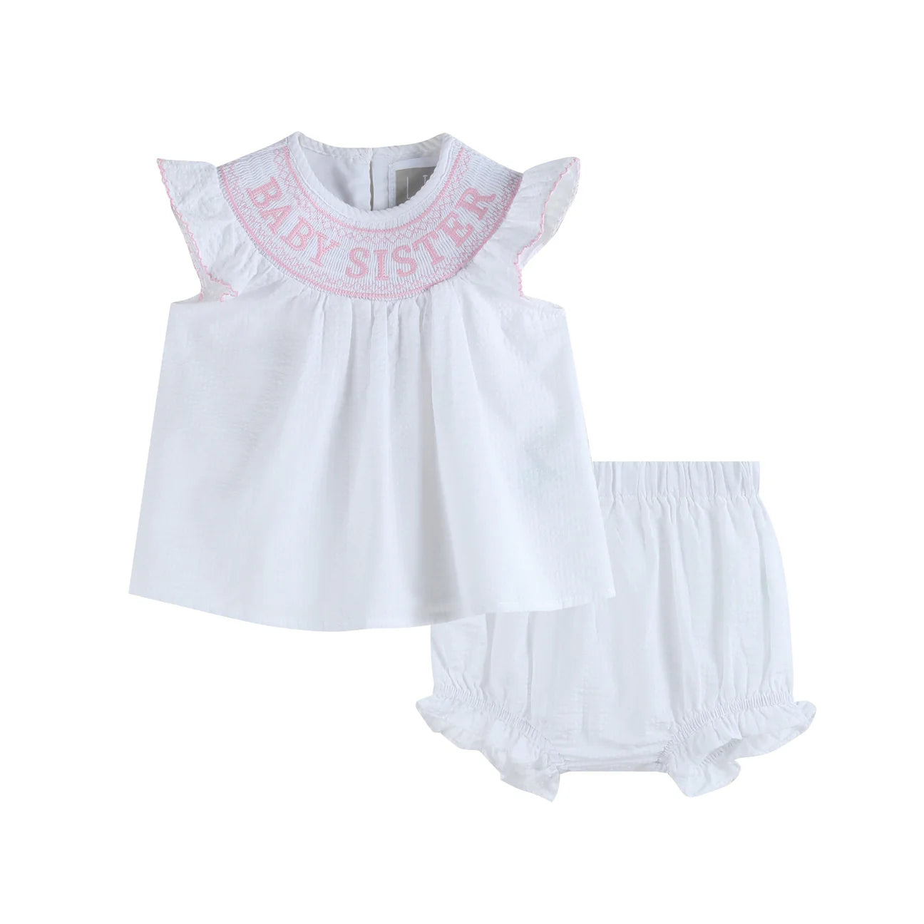 White Baby Sister Smocked Dress and Bloomer Set